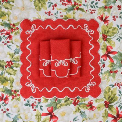 Linge de table textile - Brodé Serviette de tables White Christmas Bows - 6 pièces - ROSEBERRY HOME