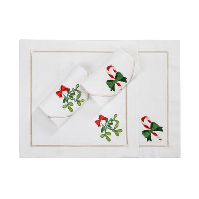 Table linen - Embroidered Napkins Candy Cane & Mistletoe Panama - 4 pieces - ROSEBERRY HOME