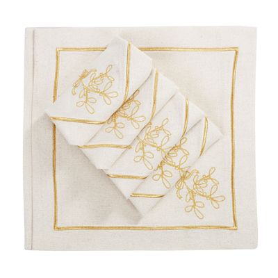 Table linen - Embroidered Napkins Mistletoe Goldenline - 6 pieces - ROSEBERRY HOME