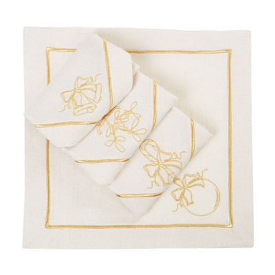 Linge de table textile - Brodé Serviette de tables Jingle Bells & Christmas Bauble Goldenline - 4 pièces - ROSEBERRY HOME