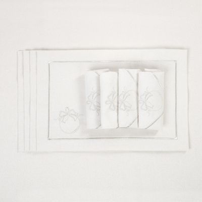 Table linen - Embroidered Napkins Christmas Bauble Silverline - 4 pieces - ROSEBERRY HOME