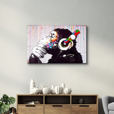 Autres décorations murales - Art mural en verre Banksy Monkey Beat  110CMx70CM - ARTDESIGNA