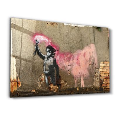 Autres décorations murales - Banksy - Un enfant avec un gilet de sauvetage | Art mural en verre 110CMx70CM - ARTDESIGNA