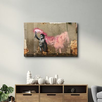 Autres décorations murales - Banksy - Un enfant avec un gilet de sauvetage | Art mural en verre  110CMx70CM - ARTDESIGNA