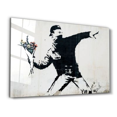 Other wall decoration - Banksy - Rioter Throwing a Flower Bouquet | Glass Wall Art  110CMx70CM - ARTDESIGNA