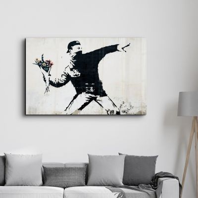 Autres décorations murales - Banksy - Rioter jetant un bouquet de fleurs | Art mural en verre  110CMx70CM - ARTDESIGNA