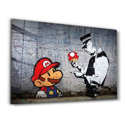 Other wall decoration - Banksy - Mario with a Policeman | Glass Wall Art 110CMx70CM - ARTDESIGNA
