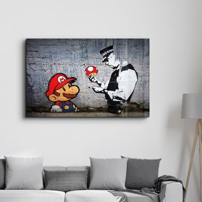 Autres décorations murales - Banksy - Mario avec un policier | Art mural en verre  110CMx70CM - ARTDESIGNA