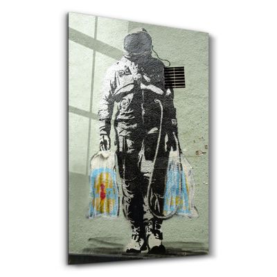 Other wall decoration - Banksy - Shopper Spaceman | Glass Wall Art 110CMx70CM - ARTDESIGNA