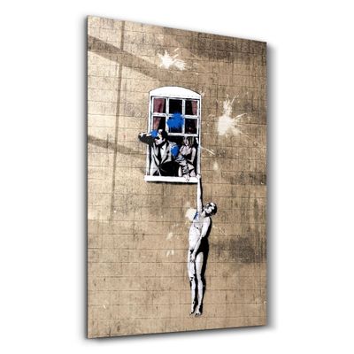 Autres décorations murales - Banksy - Homme pendu à une fenêtre | Art mural en verre 110CMx70CM - ARTDESIGNA