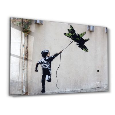 Autres décorations murales - Banksy - cerf-volant d'avion de chasse | Art mural en verre 110CMx70CM - ARTDESIGNA