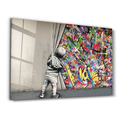 Other wall decoration - Banksy - Pull Back the Curtain | GLASS WALL ART  110CMx70CM - ARTDESIGNA