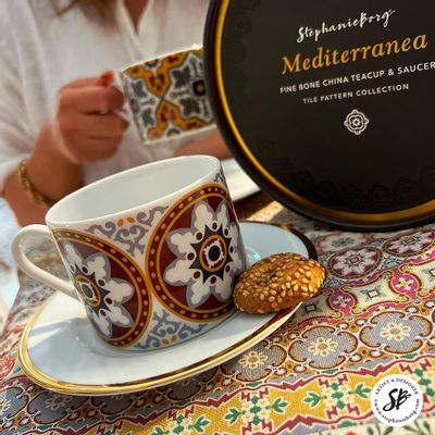 Objets design - Mediterranea Ancestry Collection color tea cup and saucer. - STEPHANIE BORG®