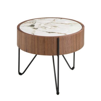 Coffee tables - Round corner table in porcelain marble, walnut and black steel - ANGEL CERDÁ