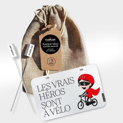 Cadeaux - Plaque vélo Les vrais héros sont à vélo (blanc) - V-LOPLAK (PLAQUES VÉLO FUN)