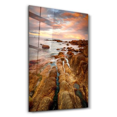 Autres décorations murales - Golden Rocks and Sunset | Glass Wall Art - ARTDESIGNA