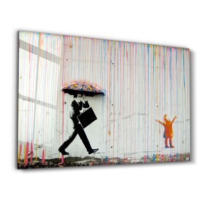 Other wall decoration - Banksy Umbrella Man Rainbow Rain Girl Glass Wall Art - ARTDESIGNA