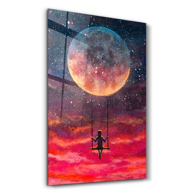 Autres décorations murales - Girl Swinging Under The Moon | Glass Wall Art - ARTDESIGNA