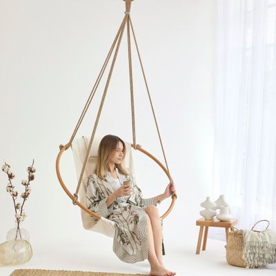 Outdoor decorative accessories - Teak Frame Canvas Hanging Chair - Twill Natural - MERN LIVING