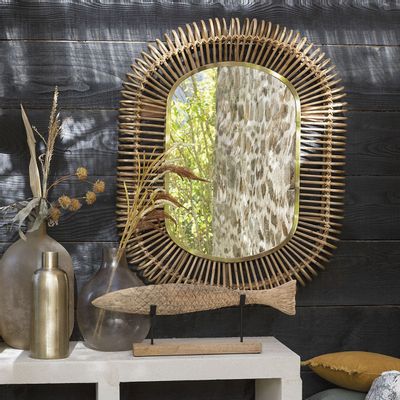 Miroirs - Miroir SALOME ovale en rotin et métal - Grand modèle - H. 105 cm - BLANC D'IVOIRE