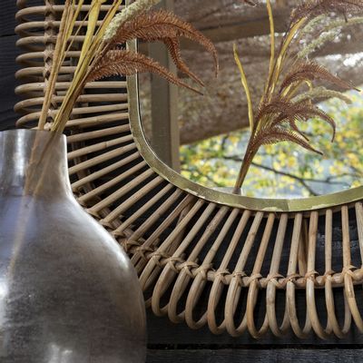 Mirrors - SALOME oval mirror in rattan and metal - Small model - H. 70 cm - BLANC D'IVOIRE