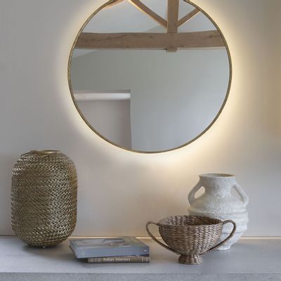Mirrors - VICTORIA round illuminated mirror in brass-finish metal - ø 90 cm - BLANC D'IVOIRE