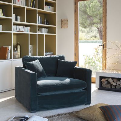 Fauteuils - Fauteuil ANGIE en velours - Bleu paon - BLANC D'IVOIRE