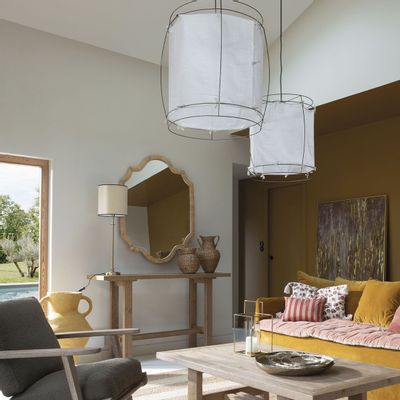 Hanging lights - JADE pendant light in white fabric and brass-finish gold metal - Large model - H. 75 cm - BLANC D'IVOIRE