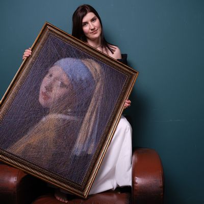 Paintings - Decorative Panel / Girl with a Pearl Earring made with threads only - ART NITKA