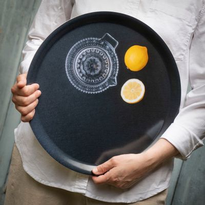 Trays - Round designer serving tray - Trompe-l'oeil lemons 38 cm - MONBOPLATO