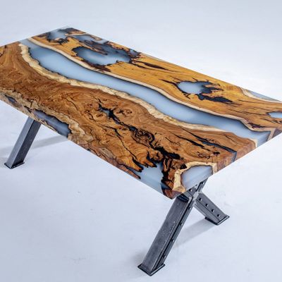 Kitchens furniture - Hackberry Cream Epoxy Resin River Table - Dining Table - TINELLA WOOD