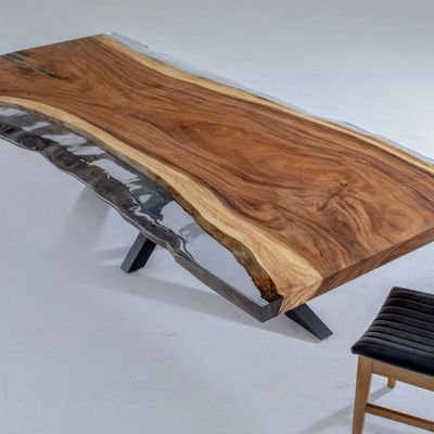 Dining Tables - Tropical Suar Wood Live Edge Clear Epoxy Dining Table - TINELLA WOOD