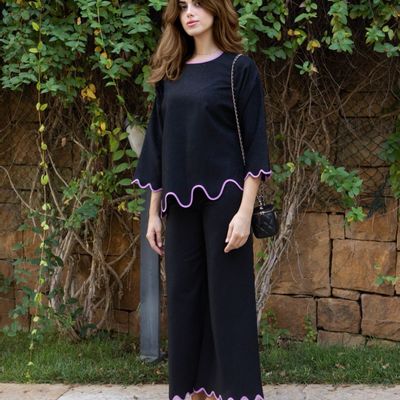 Apparel - Clara Black Co-ord set with contrast scalloped trim - HYA CONCEPT STORE