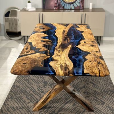 Kitchens furniture - Olive Epoxy Resin Dining Table - Blue Epoxy Table - TINELLA WOOD