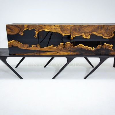 Sideboards - Modern Black Sideboard - Olive Epoxy Resin Wooden Credenza - TINELLA WOOD