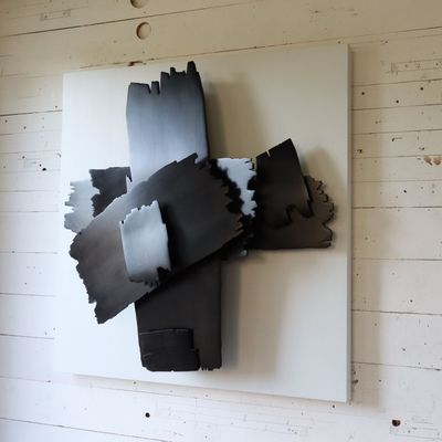 Unique pieces - wall sculpture\" Black movement on white square\ " - THIERRY LAUDREN