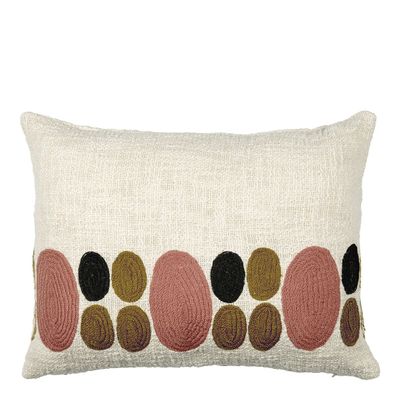 Coussins textile - Housse de coussin GALETS polycoton brodé rose et curry - BLANC D'IVOIRE