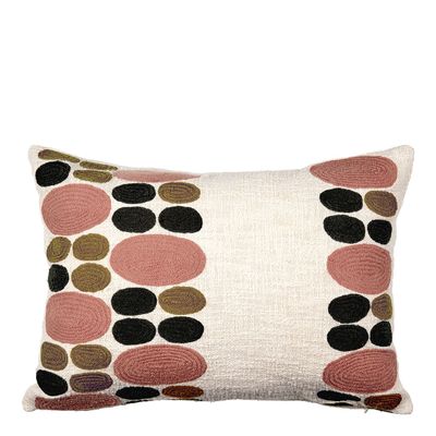 Fabric cushions - GALETS polycotton cushion cover embroidered pink and curry - BLANC D'IVOIRE
