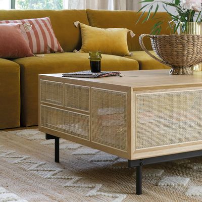 Tables basses - Table basse AUGUSTIN chêne clair et cannage - BLANC D'IVOIRE