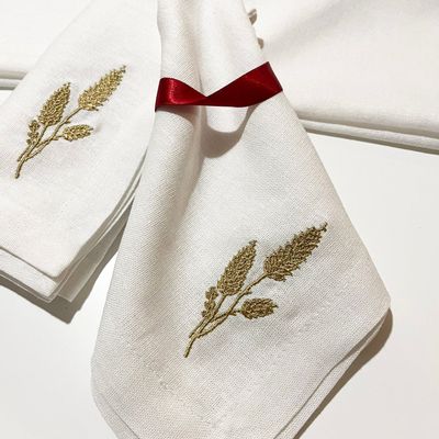 Table linen - Napkins white linen with embroidery Spike wheat - GOLIUK