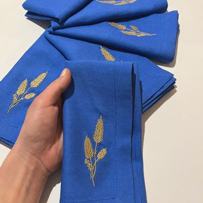 Linge de table textile - Set of Napkin blue linen embroidery Spike wheat - GOLIUK