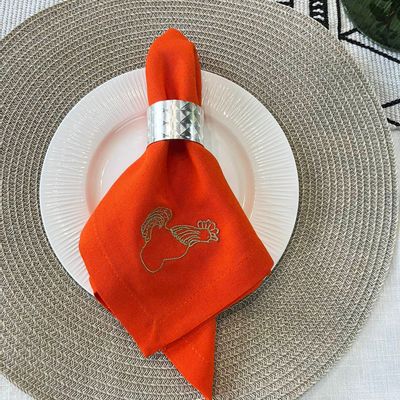 Table linen - Orange linen napkins with embroidered rooster - GOLIUK