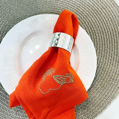 Table linen - Orange linen napkins with embroidery rooster - GOLIUK