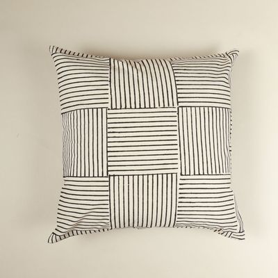 Fabric cushions - Black and Beige Striped Cotton Hand Block Print Cushion Cover - NINÉH