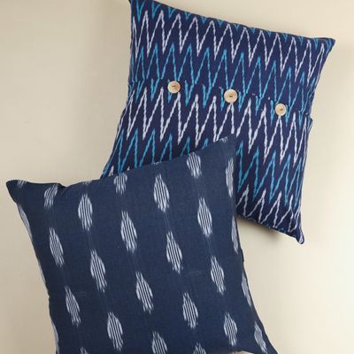 Fabric cushions - Ikat Handwoven Cotton Cushion Cover in Midnight Blue - NINÉH