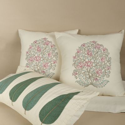 Comforters and pillows - Pink Blossom Embroidered Cushion Cover in Cotton - NINÉH