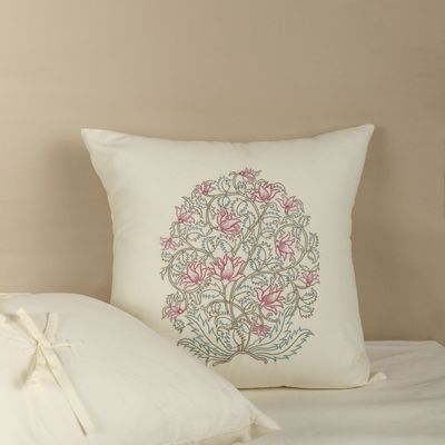 Comforters and pillows - Pink Blossom Embroidered Cushion Cover in Cotton - NINÉH