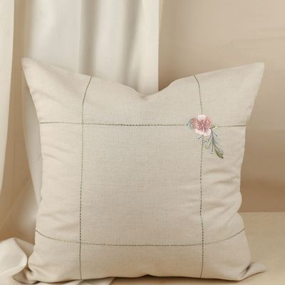 Fabric cushions - Beige linen cushion cover with checkered and floral pattern - NINÉH