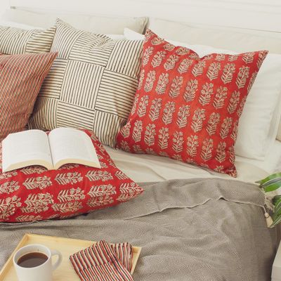 Fabric cushions - Red Ember Hand Block Print Cotton Cushion Cover - NINÉH