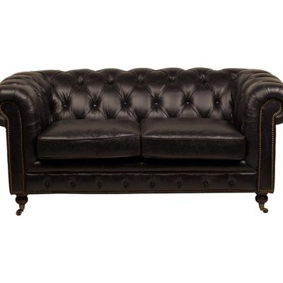 Sofas - Chesterfield Black 2-Seater Sofa in Leather - Classic and Elegant Style - JP2B DECORATION